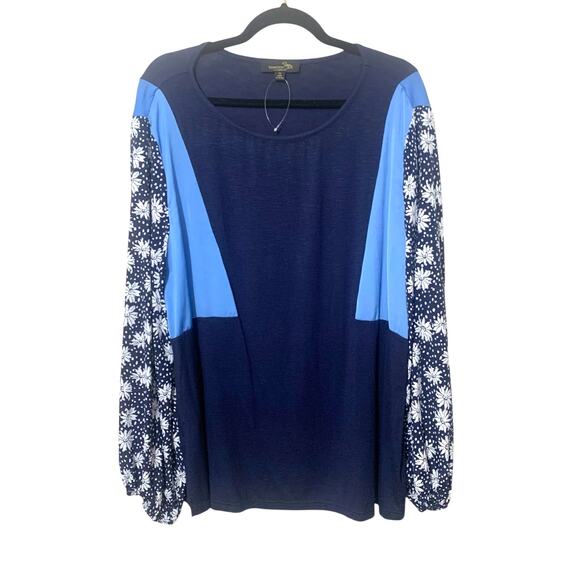 Suzanne Betro 1X Colorblock Mix Media Floral Sleeve Boho Tunic Top Blouse NEW - Picture 1 of 6
